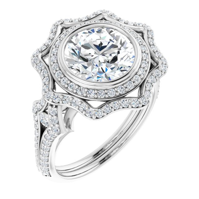 18K White Gold Customizable Round Cut Style with Ultra-wide Pavé Split-Band and Nature-Inspired Double Halo