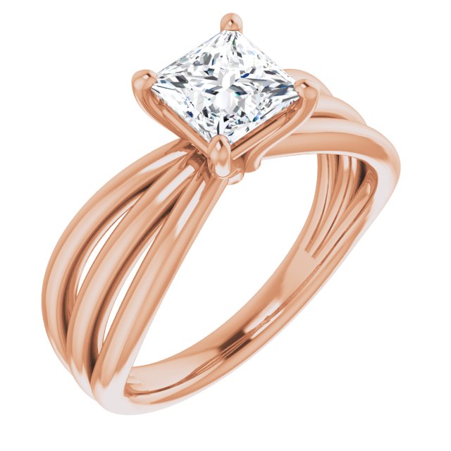 10K Rose Gold Customizable Princess/Square Cut Solitaire Design with Wide, Ribboned Split-band