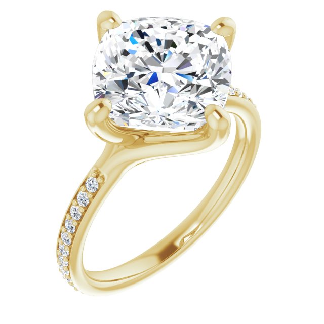 10K Yellow Gold Customizable Cushion Cut Design featuring Thin Band and Shared-Prong Round Accents