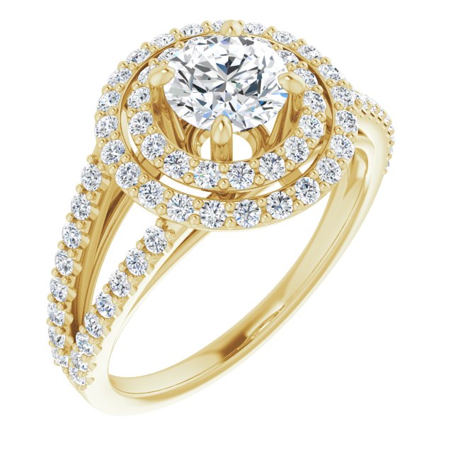 10K Yellow Gold Customizable Round Cut Design with Double Halo and Wide Split-Pavé Band