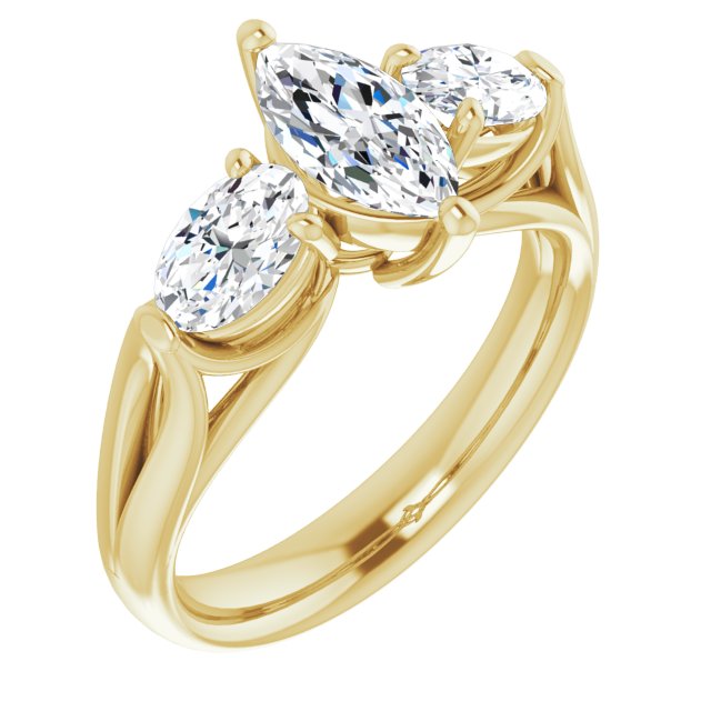 10K Yellow Gold Customizable Cathedral-set 3-stone Marquise Cut Style with Dual Oval Cut Accents & Wide Split Band