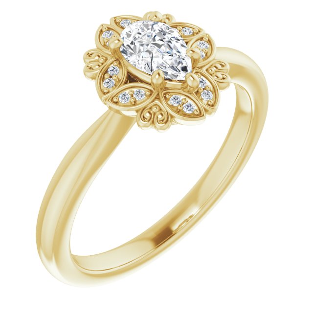 10K Yellow Gold Customizable Pear Cut Design with Floral Segmented Halo & Sculptural Basket