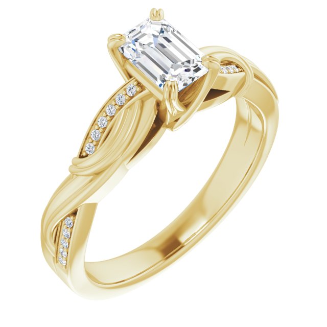 10K Yellow Gold Customizable Cathedral-raised Emerald/Radiant Cut Design featuring Rope-Braided Half-Pavé Band