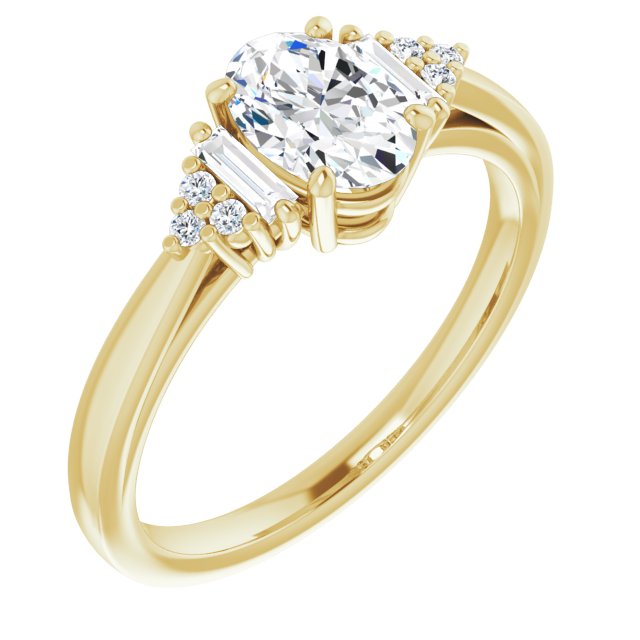 10K Yellow Gold Customizable 9-stone Design with Oval Cut Center, Side Baguettes and Tri-Cluster Round Accents
