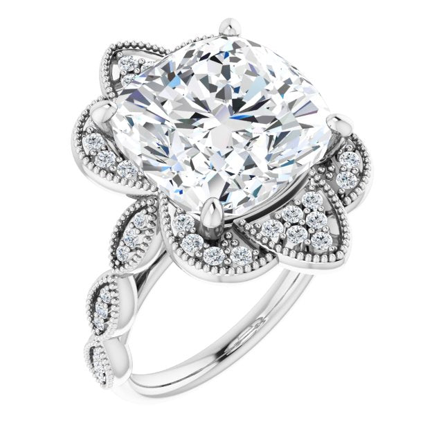 10K White Gold Customizable Cathedral-style Cushion Cut Design with Floral Segmented Halo & Milgrain+Accents Band