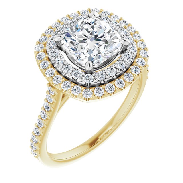 14K Yellow & White Gold Customizable Double-Halo Cushion Cut Design with Accented Split Band