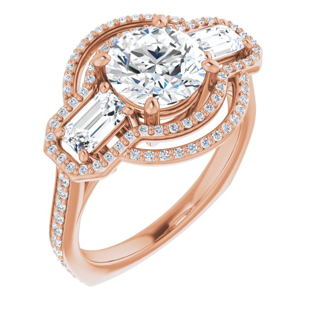 10K Rose Gold Customizable Enhanced 3-stone Style with Round Cut Center, Emerald Cut Accents, Double Halo and Thin Shared Prong Band