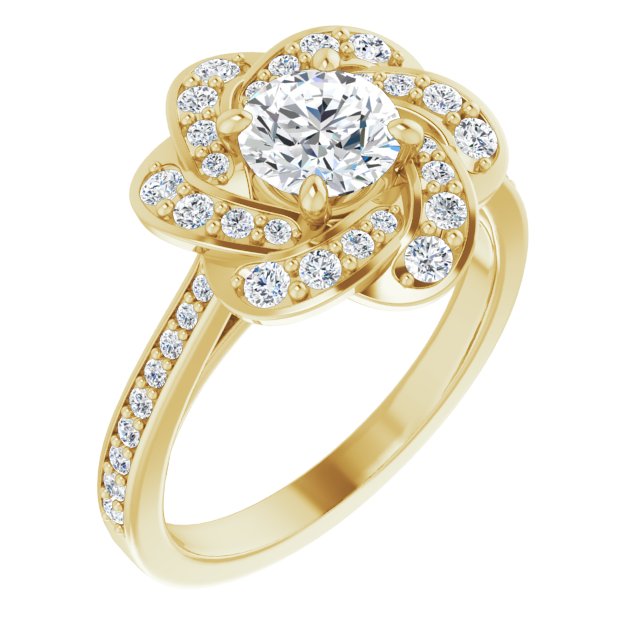 10K Yellow Gold Customizable Cathedral-raised Round Cut Design with Floral/Knot Halo and Thin Accented Band