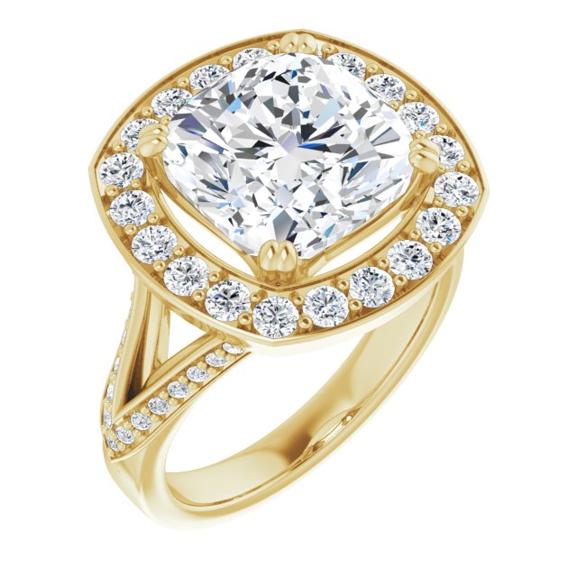 10K Yellow Gold Customizable Cushion Cut Center with Large-Accented Halo and Split Shared Prong Band