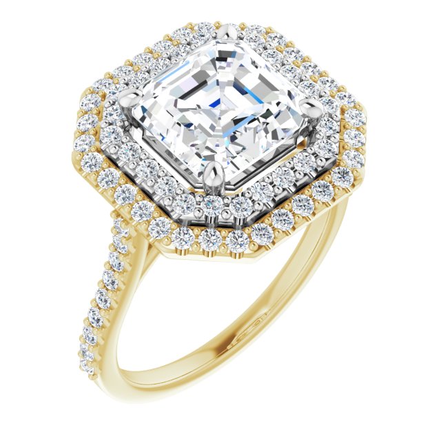 14K Yellow & White Gold Customizable Double-Halo Asscher Cut Design with Accented Split Band