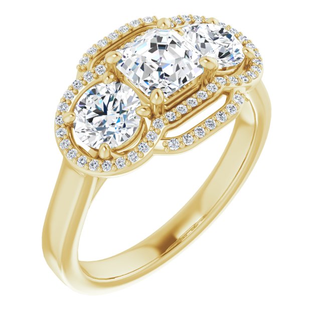 10K Yellow Gold Customizable Cathedral-set Enhanced 3-stone Asscher Cut Design with Multidirectional Halo