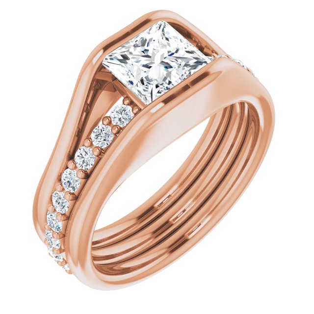 10K Rose Gold Customizable Bezel-set Princess/Square Cut Style with Thick Pavé Band
