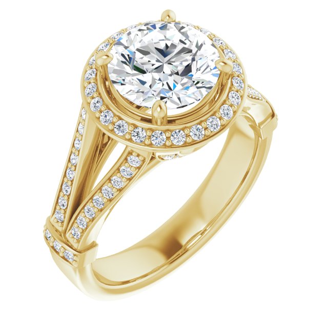 18K Yellow Gold Customizable Round Cut Setting with Halo, Under-Halo Trellis Accents and Accented Split Band