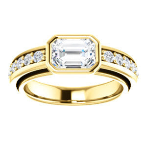 Cubic Zirconia Engagement Ring- The Racquel (Customizable Cathedral-Bezel Emerald Cut Design with Stackable Round-Accented Band)