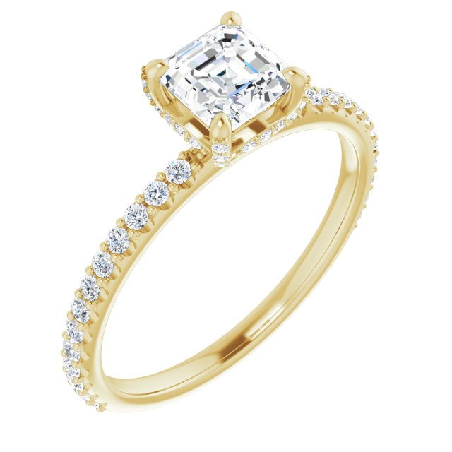 10K Yellow Gold Customizable Asscher Cut Design with Round-Accented Band, Micropav? Under-Halo and Decorative Prong Accents)