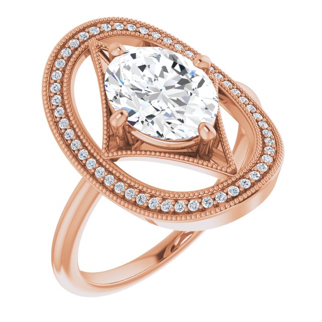 10K Rose Gold Customizable Kite-Rhombus Oval Cut Design with Beaded Milgrain & Halo Accents