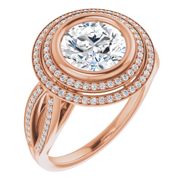 18K Rose Gold Customizable Bezel-set Round Cut Style with Double Halo and Split Shared Prong Band