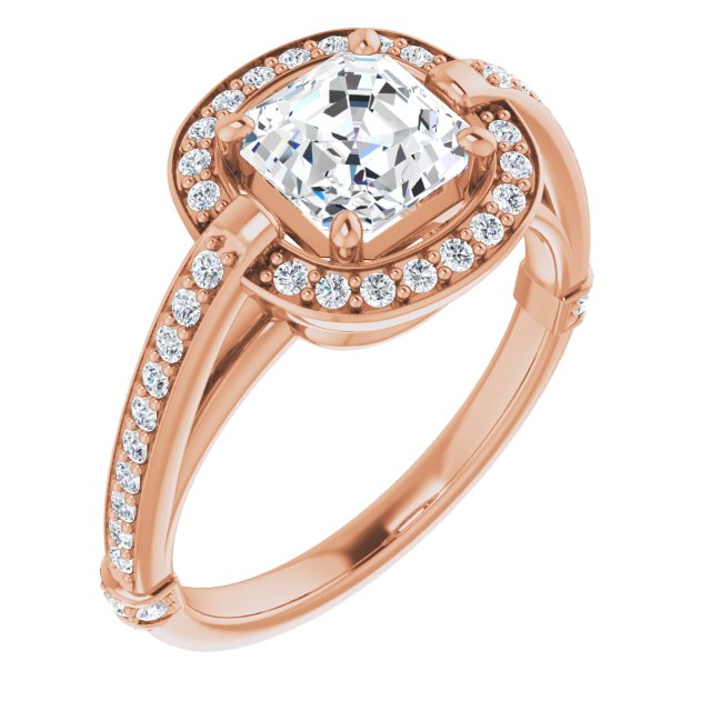 10K Rose Gold Customizable High-Cathedral Asscher Cut Design with Halo and Shared Prong Band