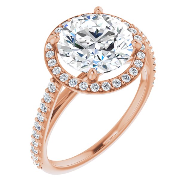 10K Rose Gold Customizable Round Cut Design with Halo and Thin Pavé Band