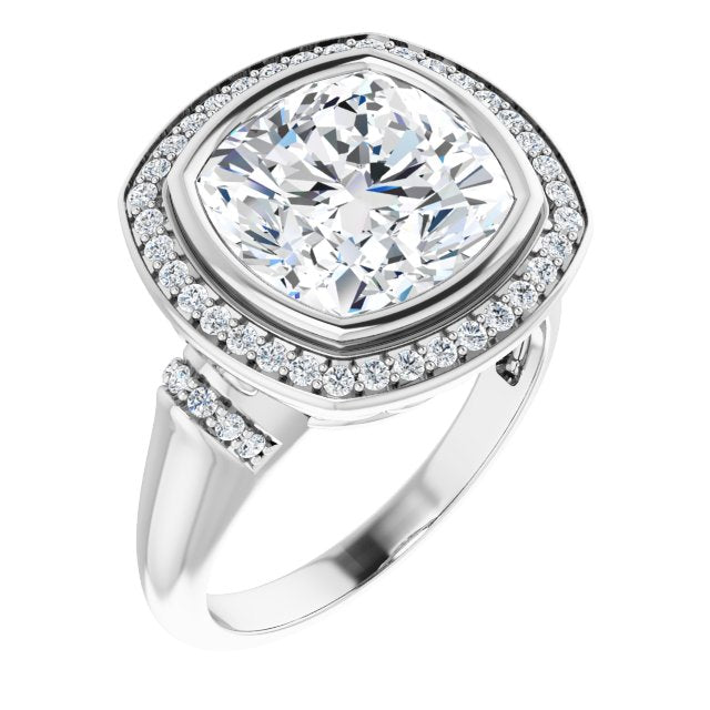 10K White Gold Customizable Bezel-set Cushion Cut Design with Halo and Vertical Round Channel Accents