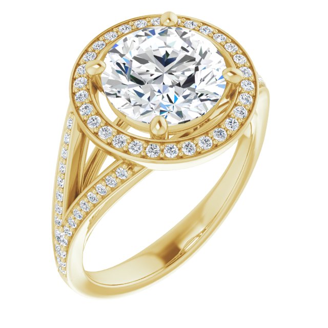 10K Yellow Gold Customizable Cathedral-Halo Round Cut Style featuring Split-Shared Prong Band