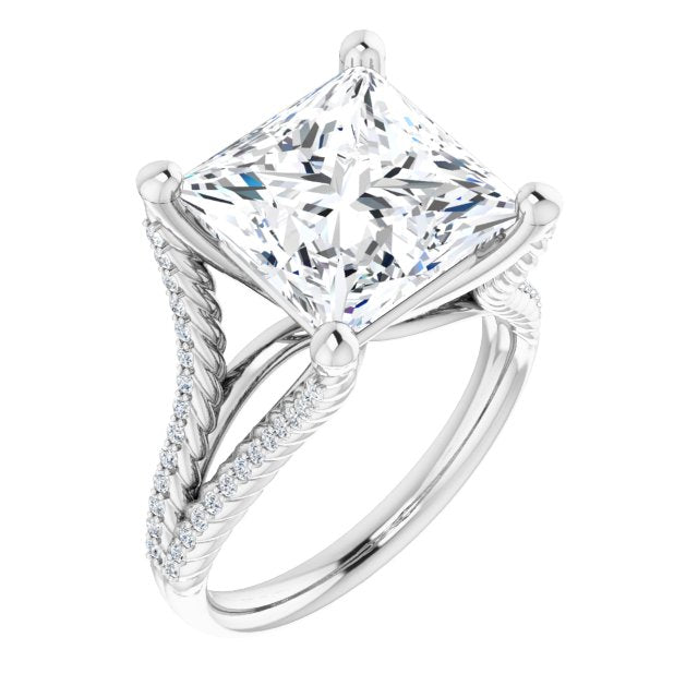 10K White Gold Customizable Princess/Square Cut Style with Split Band and Rope-Pavé