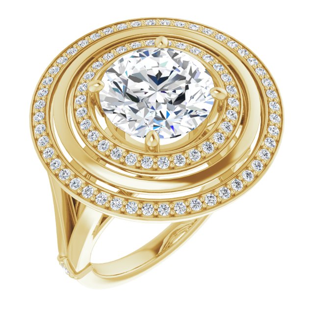 10K Yellow Gold Customizable Round Cut Oversized 2x Halo Style with Knuckle Accented Split Band