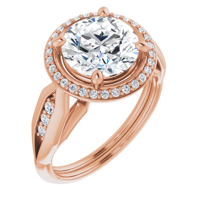 10K Rose Gold Customizable Cathedral-raised Round Cut Design with Halo and Tri-Cluster Band Accents