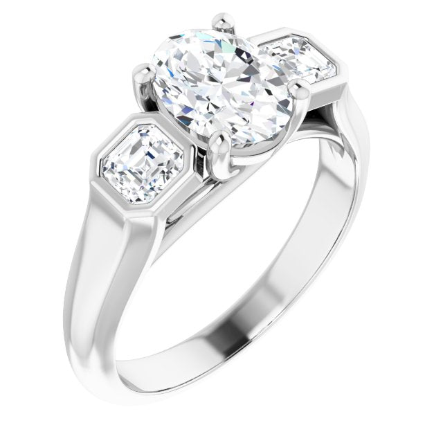 Cubic Zirconia Engagement Ring- The Alana Marie (Customizable 3-stone Cathedral Oval Cut Design with Twin Asscher Cut Side Stones)