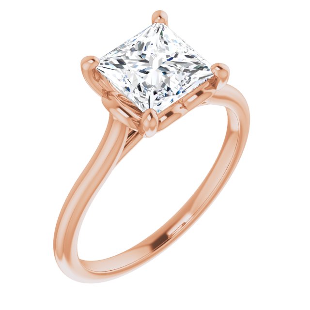 10K Rose Gold Customizable Cathedral-style Princess/Square Cut Solitaire with Decorative Heart Prong Basket