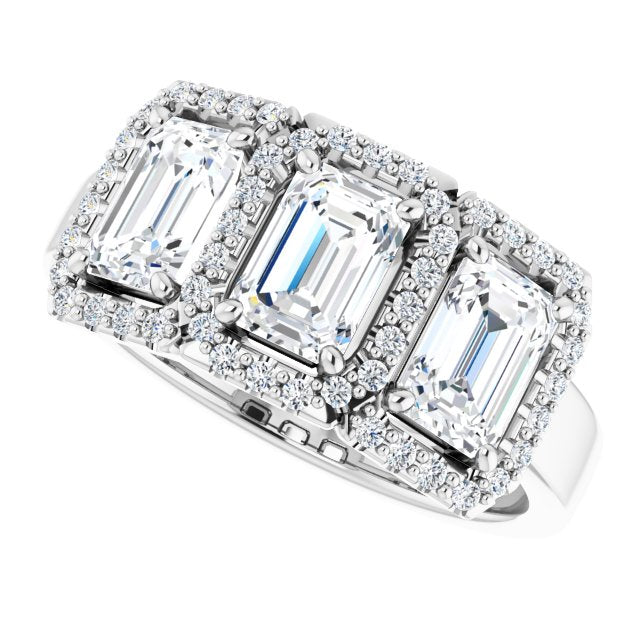 Cubic Zirconia Engagement Ring- The Delores (Customizable Emerald Cut Triple Halo 3-stone Design)