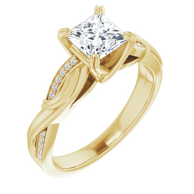 10K Yellow Gold Customizable Cathedral-raised Princess/Square Cut Design featuring Rope-Braided Half-Pavé Band