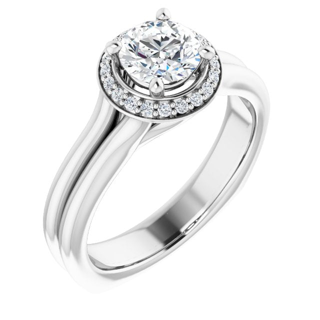 10K White Gold Customizable Round Cut Style with Halo, Wide Split Band and Euro Shank