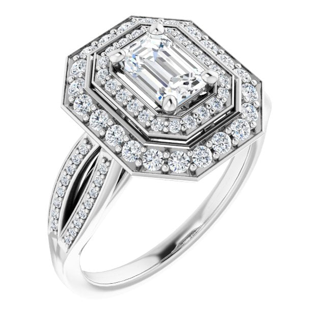 10K White Gold Customizable Cathedral-style Emerald/Radiant Cut Design with Double Halo & Split-Pavé Band