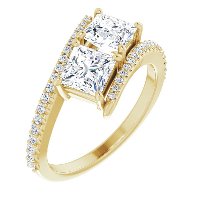 10K Yellow Gold Customizable Double Princess/Square Cut 2-stone Design with Ultra-thin Bypass Band and Pavé Enhancement