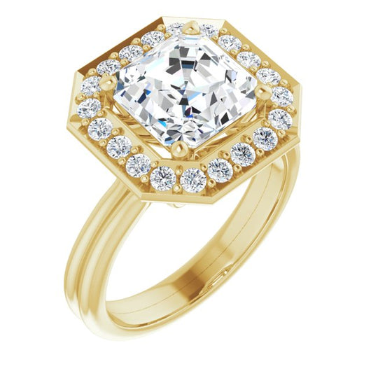 10K Yellow Gold Customizable Cluster-Halo Accented Asscher Cut Style with Tapered Dual Band