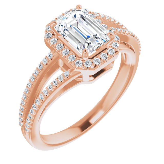 10K Rose Gold Customizable Emerald/Radiant Cut Vintage Design with Halo Style and Asymmetrical Split-Pavé Band