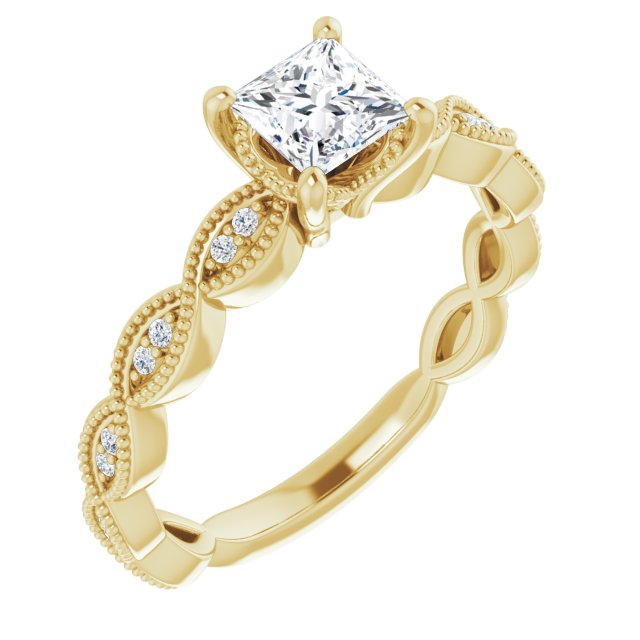 10K Yellow Gold Customizable Princess/Square Cut Artisan Design with Scalloped, Round-Accented Band and Milgrain Detail