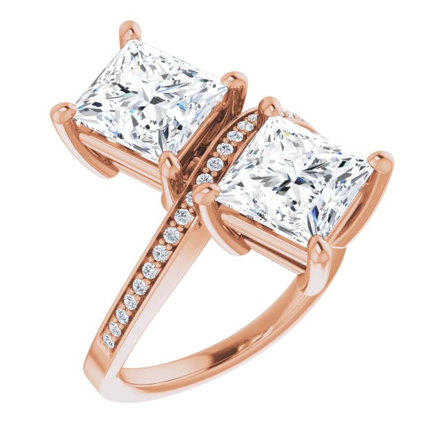10K Rose Gold Customizable 2-stone Princess/Square Cut Bypass Design with Thin Twisting Shared Prong Band