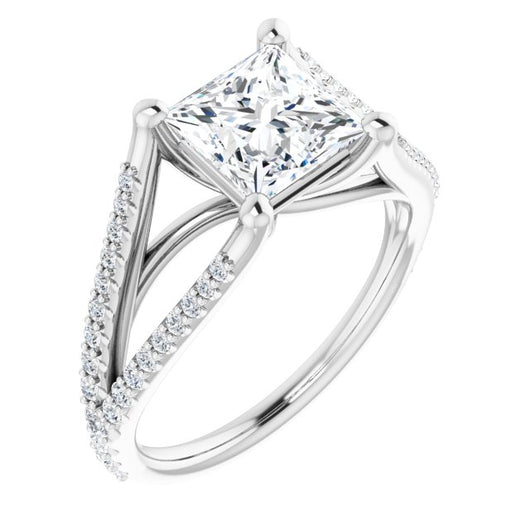 10K White Gold Customizable Cathedral-raised Princess/Square Cut Center with Exquisite Accented Split-band