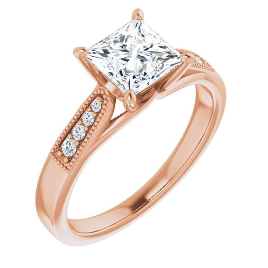 10K Rose Gold Customizable 9-stone Vintage Design with Princess/Square Cut Center and Round Band Accents