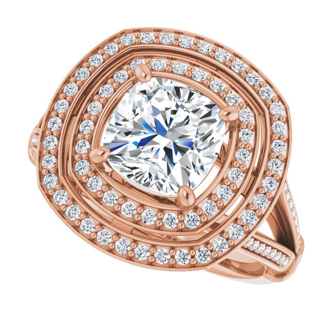 Cubic Zirconia Engagement Ring- The Chaunte (Customizable Cathedral-set Cushion Cut Design with Double Halo, Wide Split-Shared Prong Band and Side Knuckle Accents)