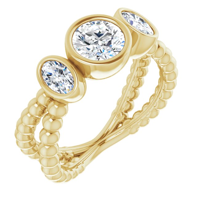 10K Yellow Gold Customizable 3-stone Round Cut Design with 2 Oval Cut Side Stones and Wide, Bubble-Bead Split-Band