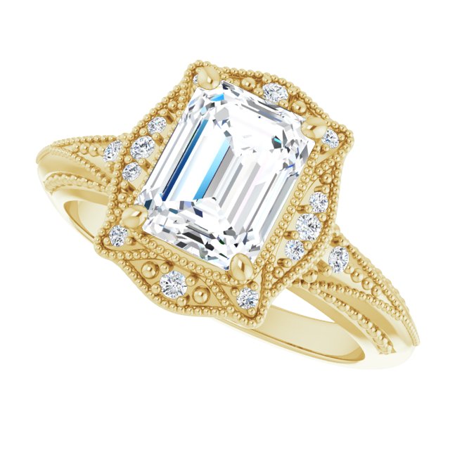 Cubic Zirconia Engagement Ring- The Ashton (Customizable Vintage Emerald Cut Design with Beaded Milgrain and Starburst Semi-Halo)