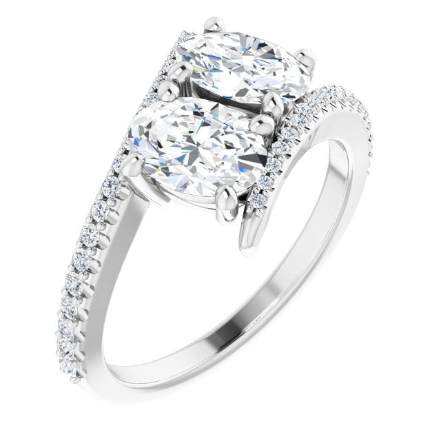 10K White Gold Customizable Double Oval Cut 2-stone Design with Ultra-thin Bypass Band and Pavé Enhancement