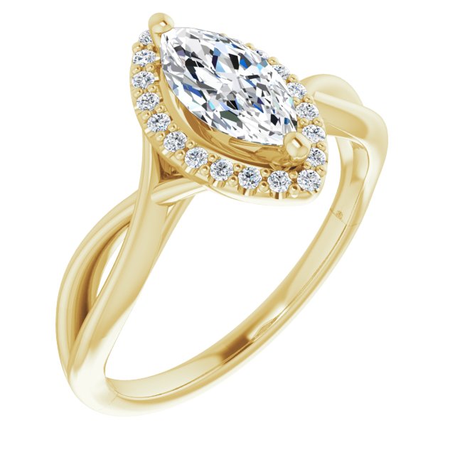 10K Yellow Gold Customizable Cathedral-Halo Marquise Cut Design with Twisting Split Band