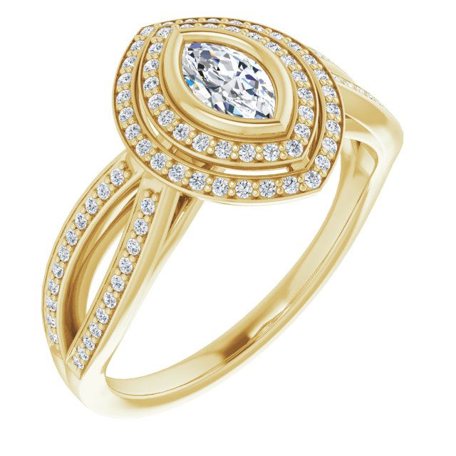 10K Yellow Gold Customizable Bezel-set Marquise Cut Style with Double Halo and Split Shared Prong Band