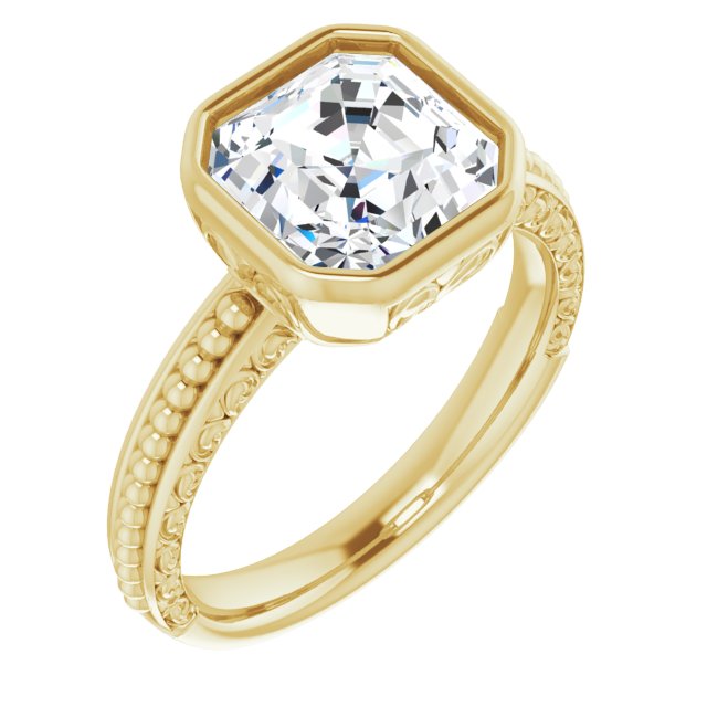 10K Yellow Gold Customizable Bezel-set Asscher Cut Solitaire with Beaded and Carved Three-sided Band