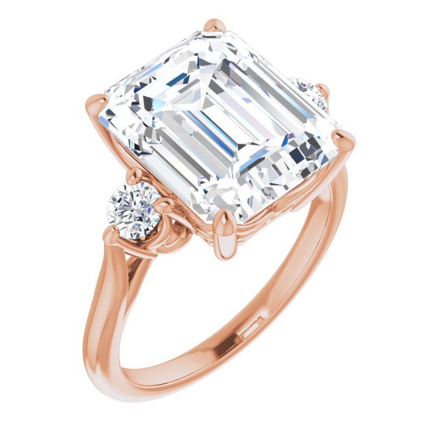 10K Rose Gold Customizable Three-stone Emerald/Radiant Cut Design with Small Round Accents and Vintage Trellis/Basket