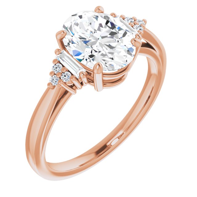 10K Rose Gold Customizable 9-stone Design with Oval Cut Center, Side Baguettes and Tri-Cluster Round Accents